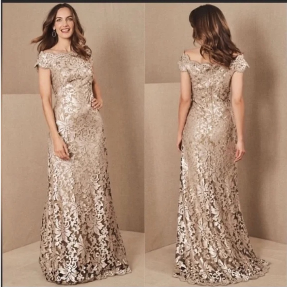 Tadashi Shoji Gold Sequin Embellished Maxi Gown